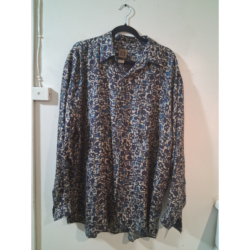 Bruno B Mens 100% Silk Abstract Geometric Print Long Sleeve Button Down Shirt L